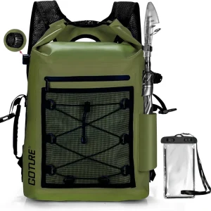 Dry Bag Waterproof Backpack,20L Fishing Tackle Bag with Rod Holder,Padded Shoulder Straps and Air Exhaust Valve,500D PVC Dry Sack Bag with Phone Case for Kayaking,Boating,Fishing,Travel