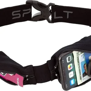 Dual Pocket Pro Running Belt for Men Women, Expandable Pockets, Adjustable Waist, No Bounce, Black with Black Zipper