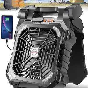 DUKUSEEK 10" 10400mAh Solar fan, Camping Fan with Solar Panel, 8.5W/7V Rechargeable Solar Powered Fans for Outside, LED Lantern, Battery Operated Tent Cooler for Picnic, Barbecue, Fishing