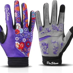 DuShow Bike Gloves for Women Cycling,Pink Floral Workout Gloves Women,Full Finger Biking Driving Riding Gloves for Women,Gel Padded Touch Screen Gym Gloves