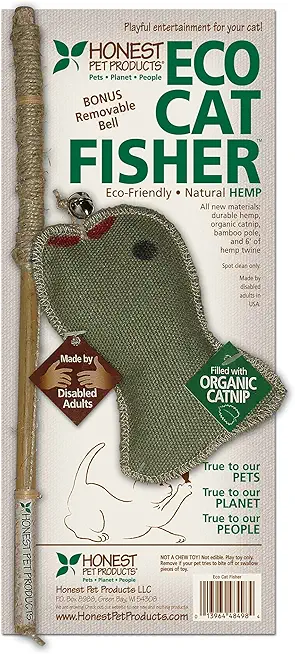 Eco-Cat Fisher - Eco-Friendly Catnip Toys for Cats, Natural Catnip Wand Toy, Durable Hemp Canvas Cat Fish Toy with Jingle Bell, Bamboo Pole