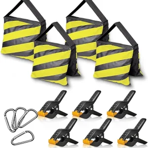 EMART 4 Packs Sand Bags Heavy Duty Sandbags Photography Accessories with 6 Spring Clamps for Backdrop Stand, Light Stand, Photo Tripod, Canopy Weights, Party Pop Up Tent, Fishing, Camping-Yellow