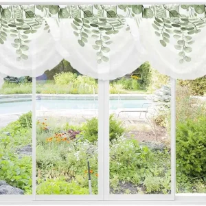 Eucalyptus Leaf Swag Valances for Kitchen Window Sage Green Leaf Elegant Rod Pocket Window Treatment Decor 79x41 inch Botanical Waterfall Curtain for Bedroom Bathroom,Over Sink Valances
