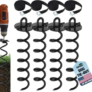 Eurmax USA 4-Pc Pack Spiral Stakes Heavy Duty Anchor Kit Ice Screw Anchor for Trampoline, Tents, tarps, Canopies,car Ports,Dog tie Out and etc Bonus Tie Down Straps 4-Pc Pack (Black)