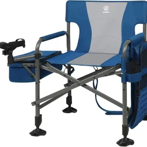 EVER ADVANCED Fishing Chair with Rod Holder and Cooler, All Terrain Ice Fishing Chair with Adjustable Feet, Mesh Back Folding Camping Chair with Shoulder Strap, Heavy Duty Supports 350LBS