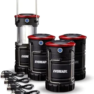 Eveready LED Camping Lanterns (4-Pack), Hybrid Power Rechargeable Collapsible Lantern Flashlights, Ultra Bright Tent Lights for Outdoors, Camping, Fishing, Emergency Black , one Size