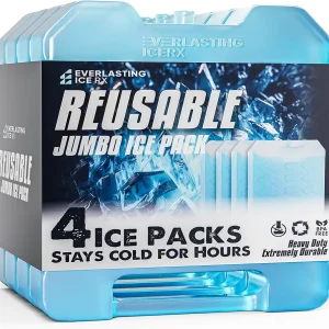 Everlasting Ice RX Large Reusable Ice Packs for Cooler with Handle (4 Pack) Long Lasting Coolness, BPA Free, Freezer Packs for Extended Cooling | Cooler Ice Packs for Camping, Fishing, Hiking, Beach