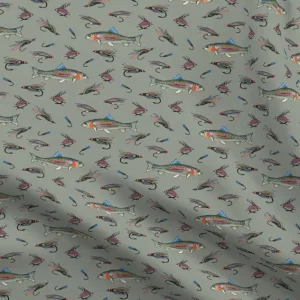 Fabric - Fly Fishing Sage Green Rainbow Trout Fish Sports Alpine River Printed on Petal Signature Cotton Fabric Fat Quarter - Sewing Quilting Apparel Crafts Decor