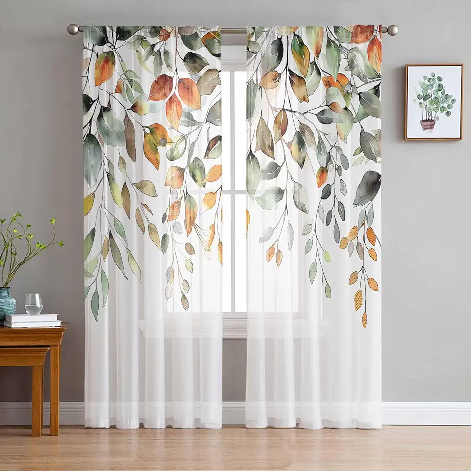 Fall Sheer Curtains 72 Inch Long 2 Panels, Plants Autumn Sage Green Eucalyptus Leaves Curtains for Living Room Rod Pocket Sheer Drapes Light Filtering Voile Window Treatment 52" W x 72" L