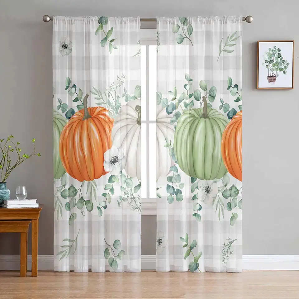 Fall Sheer Curtains 72 Inch Long 2 Panels, Sage Green Eucalyptus Leaves Pumpkins Flower Gray Plaid Curtains for Living Room Rod Pocket Sheer Drapes Light Filtering Voile Window Treatment 52"W x 72"L