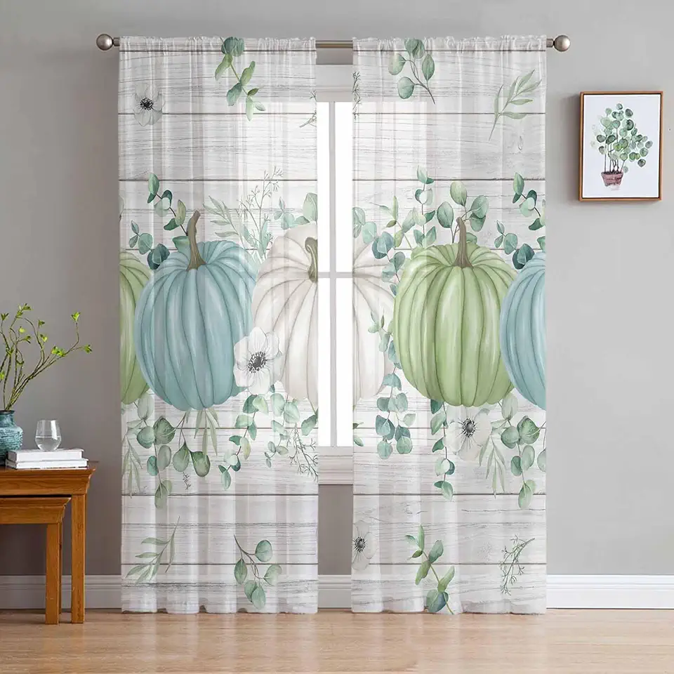 Fall Sheer Curtains 72 Inch Long 2 Panels, Sage Green Eucalyptus Leaves Pumpkins Wood Plank Curtains for Living Room Rod Pocket Sheer Drapes Light Filtering Voile Window Treatment 52"W x 72"L