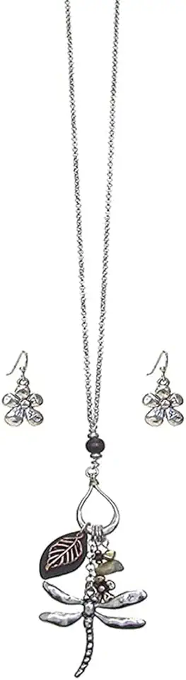 Fashion Jewelry ~ Garden Theme Multi Charm Dragonfly Pendant and Long Necklace and Earrings Set for Women Casual