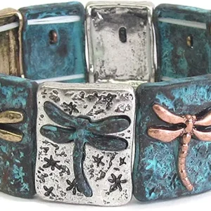 Fashion Jewelry ~ Patina Tri-tone Rustic Metal Dragonfly Stretch Bracelet for Women Casual
