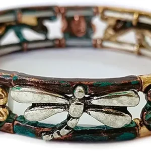 Fashion Jewelry ~ Patina Tri-tone Vintage Style Metal Dragonfly and Flower Stretch Bracelet for Women Casual
