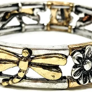 Fashion Jewelry ~ Tri-tone Vintage Style Metal Dragonfly and Flower Stretch Bracelet for Women Casual