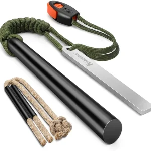 Ferro Rod Fire Starter Kit with 5 Inch Flint and Steel, Two 12 Inch Wax-Impregnated Tinders, 50 Inch 7-Core Paracord for Camping, Hiking, Boy Scouts, and Emergency Preparedness