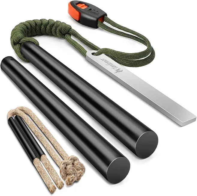 Ferro Rod Fire Starter Kit with 5 Inch Flint and Steel, Two 12 Inch Wax-Impregnated Tinders, 50 Inch 7-Core Paracord for Camping, Hiking, Boy Scouts, and Emergency Preparedness