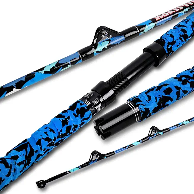 Fiblink Saltwater Fishing Rod 1Piece/2Piece Offshore Trolling Rod Big Game Deep Sea Rod Conventional Boat Blue Camouflage Fishing Pole(5'6"/6'/7')