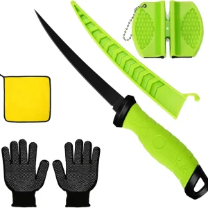 Filet Knife For Fish, Essential 7-In Sheathed Knife For Fish Cleaning And Cutting Kits, Fishing Gift For Men, Includes Knife Sharpener, Gloves, Towel. Orange Meat Cleaver With Non-Slip Handle