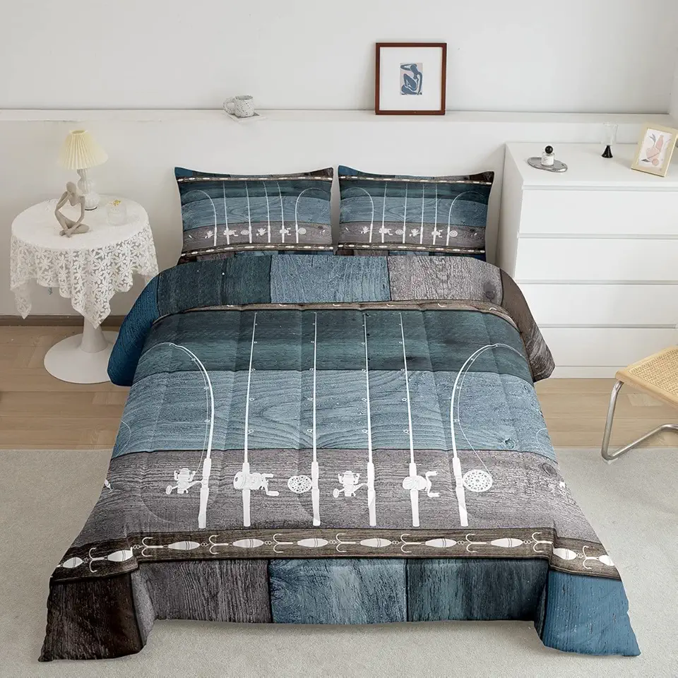 Fish Bedding Set Fishing Gifts for Men,Ice Fishing Gear Comforter Set Fishing Quilt Retro Patchwork Wood Fishhook Duvet Insert Twin,Angling Outdoor Sports Rustic Home Decor Gift for Fisherman