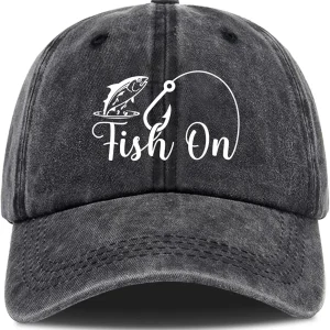 Fish On,Funny Baseball Cap,Fishing Baseball Cap,Gifts for Fishing Lover,Funny Vintage Cotton Washed Baseball Caps,One Size Black