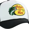 Fishers of Men - Matthew 4:19 - Cotton Front Polyester Mesh Back - Men's Trucker Cap Hat - One Size Fits Most, Black and White