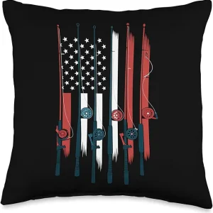 Fishing American Flag USA Patriotic Fisherman Fly Rod Design Throw Pillow