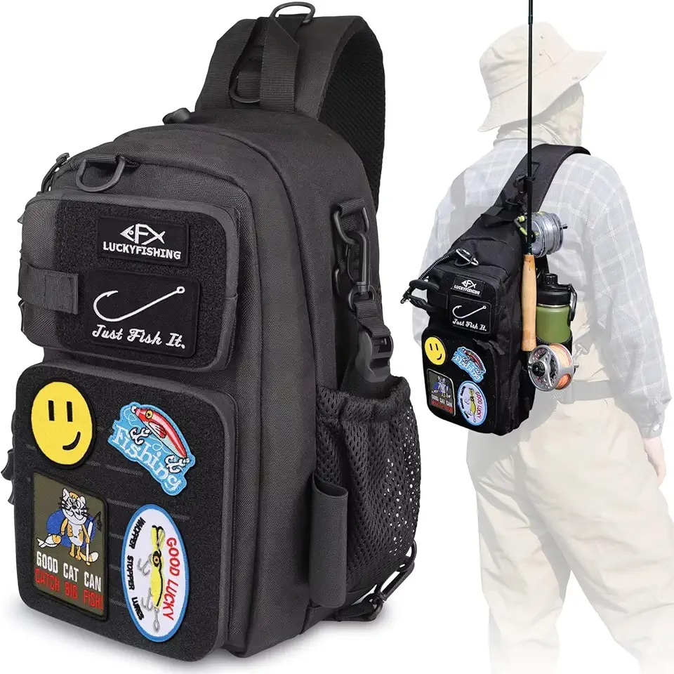 Fishing Backpack Fishing Sling Bag Fly Bag Lightweight with 6PCS Embroidery Patches Gift for Men