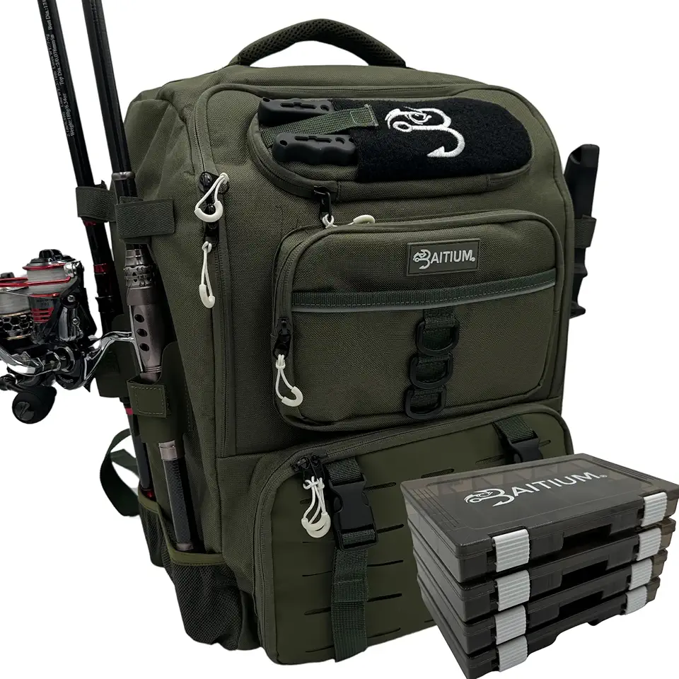Fishing Backpack, Fishing Tackle Backpack With Rod Holders, 40L Tackle Bag With Cooler, Fishing Bag, Tackle Trays,Fishing Gear - (Green)
