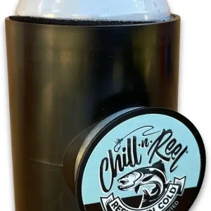 Fishing Can Cooler (from Shark Tank) | Hard Shell Drink Holder with Hand Line Reel Attached | Fits Any Standard Insulator Sleeve or Coozie | Unique Fun Fishing Gift (Black & Spill Guard)