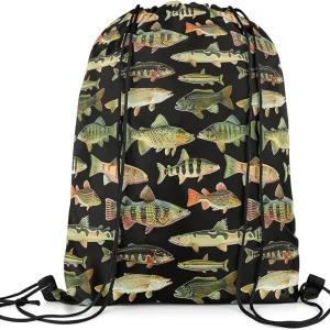 Fishing Drawstring Backpack 13x15.7inch Vintage Pike Fish Waterproof Gym Drawstring Bags Fishing and Hunting Beach Swim Travel Bag Sackpack
