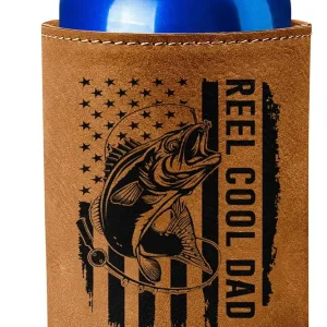Fishing Gifts For Dad - Fishing Present For Dad, Husband From Son, Wife - Fathers Day, Birthday, Christmas Gift For Fisherman - Reel Cool Dad 12Oz Fit Collapsible Leather Beer Can Cooler Holder