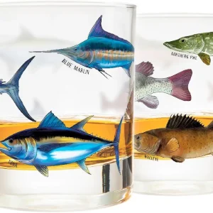 Fishing Glass Set for Fisherman and Outdoorsman � Fish Themed 10 oz Whiskey Glass Set of 2 - Freshwater and Saltwater Fish on the Glass