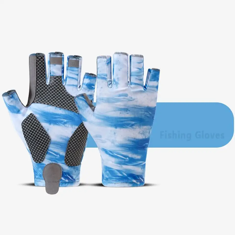 Fishing Gloves Summer Outdoor Cycling Fishing Catching Fish UV Sun Protection Ice Silk Half Finger Gloves (Blue, Large)