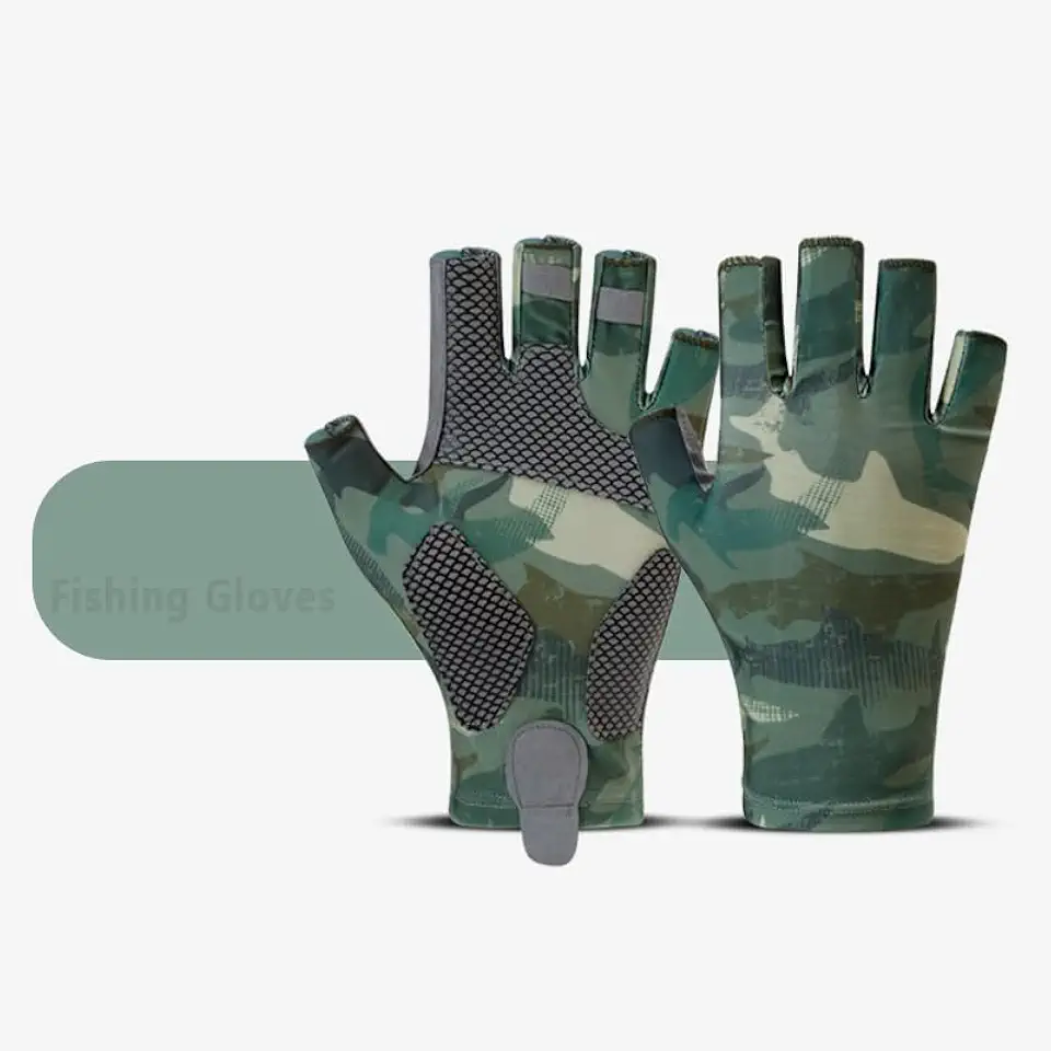 Fishing Gloves Summer Outdoor Cycling Fishing Catching Fish UV Sun Protection Ice Silk Half Finger Gloves (Green, Large)