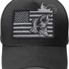 Fishing Hat, Fisherman Gift Adjustable Baseball Cap with American Flag and Angler Logo Black