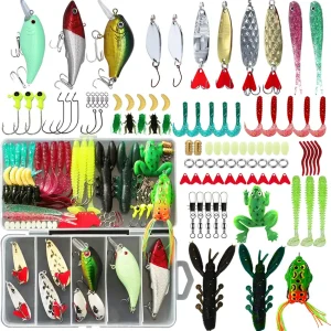 Fishing Lures Kit, Spoon Lures, Soft Plastic Worms, Frog Lures, Bait Tackle Kit for Bass, Trout, Salmon for Freshwater and Saltwater