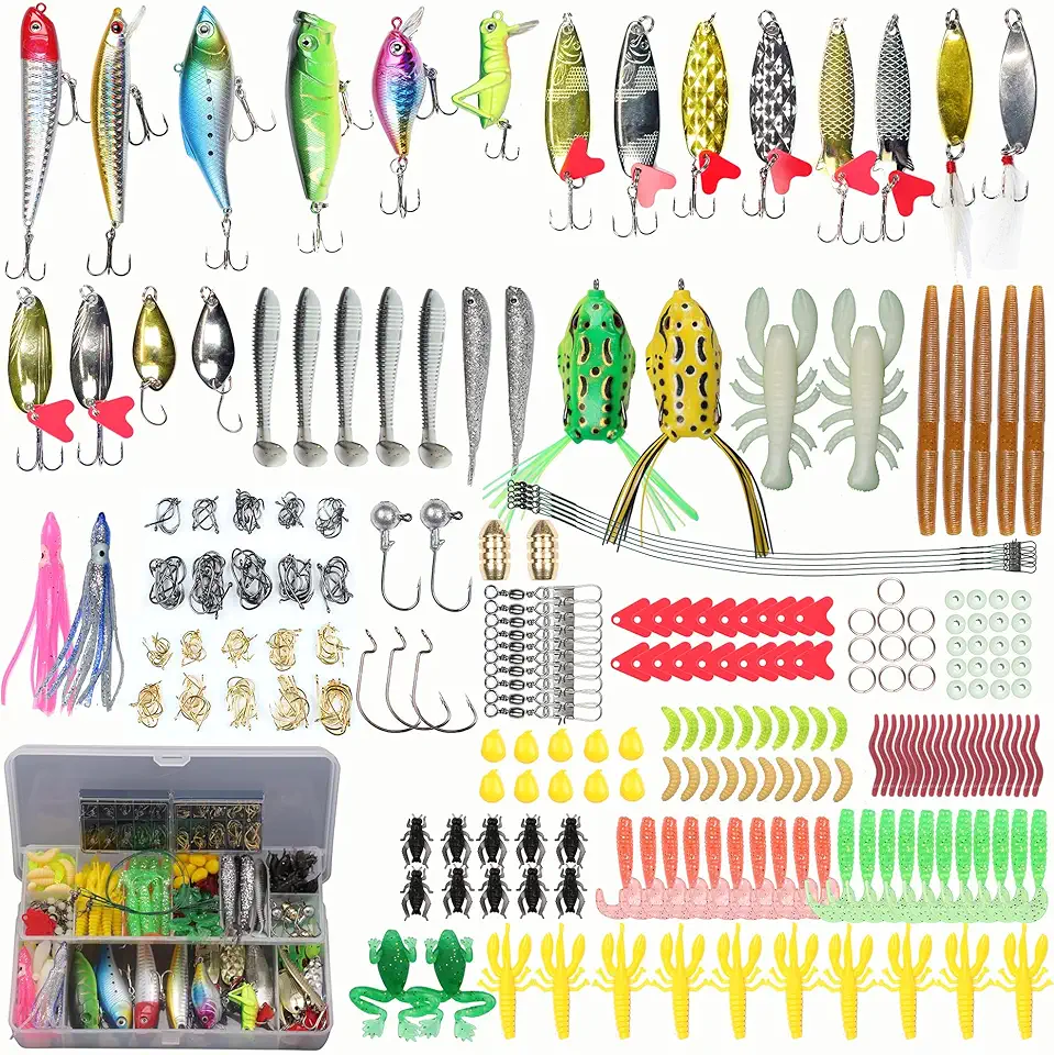 Fishing Lures Set Fish Lure kit for Bass Trout Salmon Freshwater Fish Tackle kit Including Plastic Shrimp Worm Bait Spoon Grasshopper Crankbait Jigs Hooks Fishing Gear and Equipment
