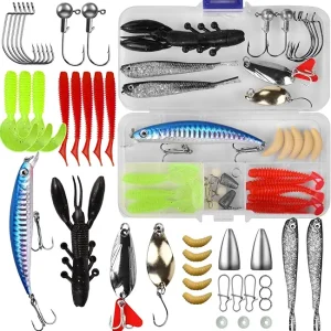Fishing Lures Tackle Bait Kit Set - Comprehensive Fishing Lures Kit for Trout Bass Salmon - Includes Plastic Shrimp, Worm Bait, Spoon, and Crankbait Jigs