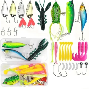 Fishing Lures Tackle Box - Fishing Lures Kit Catfishing Tackle Making Kit Including Soft Plastic Worms, Spinnerbaits, Frog Lures, Trout, Salmon for Freshwater and Saltwater, Fishing Gifts for Men