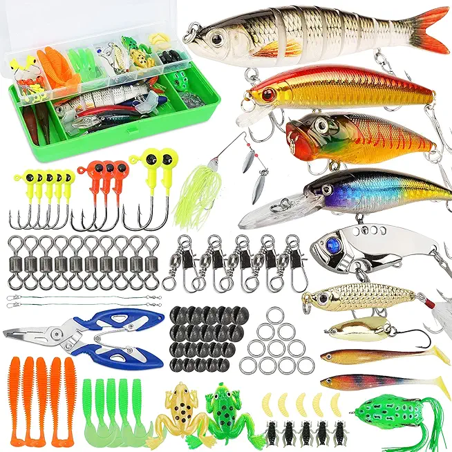 Fishing Lures Tackle Box Bass Fishing Kit Including Animated Lure,Crankbaits,Spinnerbaits,Soft Plastic Worms, Topwater Lures,Hooks,Saltwater & Freshwater Gear kit for Bass,Trout, Salmon.