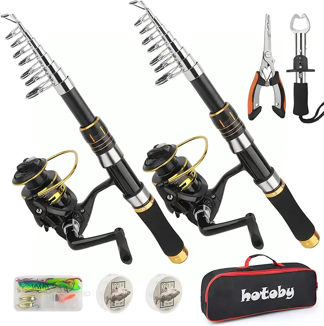 Fishing Pole Combo Set, 2PACK 6.89ft Fishing Rod and Reel Combo, Carbon Fiber Telescopic Fishing Rod Kit with Spinning Reel, Fishing Pliers, Lip Gripper, Line, Lures, Carrier Bag for Beginner Angler