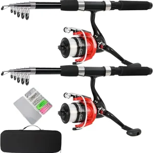 Fishing Pole Combo Set,2.1m/6.89ft 2PCS Collapsible Rods 2PCS Spinning Reels Lures Set Carrier Bag Carbon Fiber Telescopic Fishing Rods Sea Saltwater Freshwater Kit Fishing Rod Reel Combos