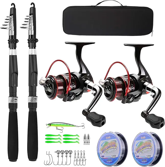 Fishing Pole Combo Set,2.1m/6.89ft 2PCS Collapsible Rods 2PCS Spinning Reels Lures Set Carrier Bag Carbon Fiber Telescopic Fishing Rods Sea Saltwater Freshwater Kit Fishing Rod Reel Combos