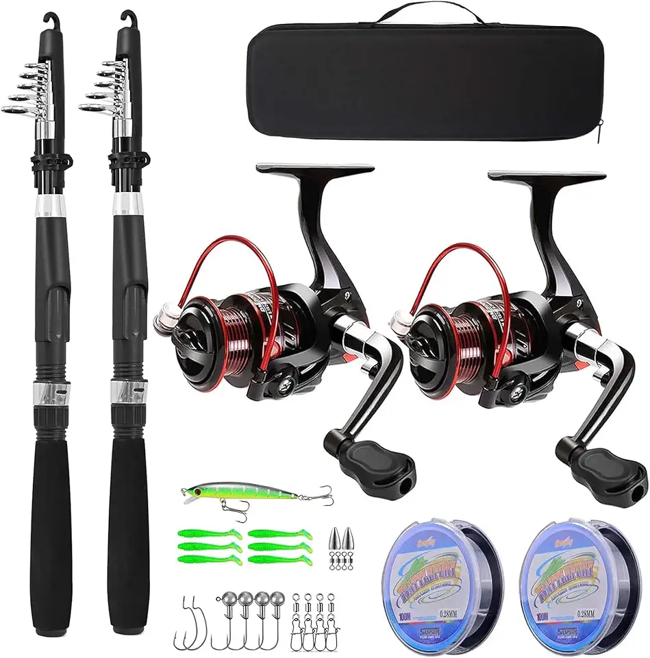 Fishing Pole Combo Set,2.1m/6.89ft 2PCS Collapsible Rods 2PCS Spinning Reels Lures Set Carrier Bag Carbon Fiber Telescopic Fishing Rods Sea Saltwater Freshwater Kit Fishing Rod Reel Combos