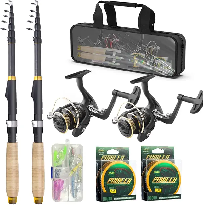 Fishing Rod and Reel Combos, 2PCS Carbon Fiber Telescopic Fishing Pole Spinning Reels Sets, Collapsible Fishing Gear Full Kit with Carrier Bag for Travel Saltwater Freshwater Fishing Adults