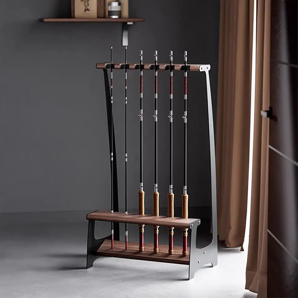 Fishing Rod Holder for 6 Rods, Fishing Pole Holder for Garage Organization and Storage, for Fishing Reels, Bamboo Material and Walnut Wood (Walnut)