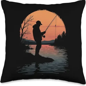 Fishing Sunset Lake Fisherman Fly Rod Design Throw Pillow