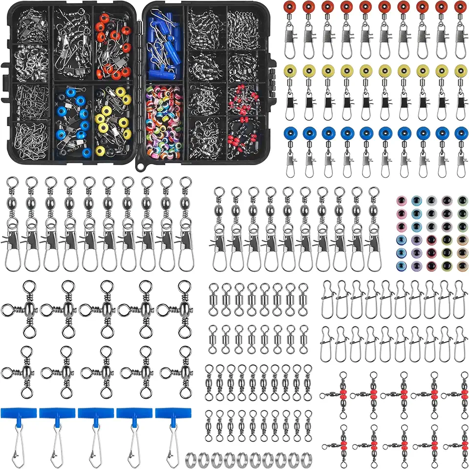 Fishing Swivels Snaps Tackle Set with Multiple Snaps Cross Line Barrel Swivels Snap Fish Sinker Slides Stainless Steel Split Rings Fishing Line Beads Gear Set Equipment for Bass Trout 210pcs