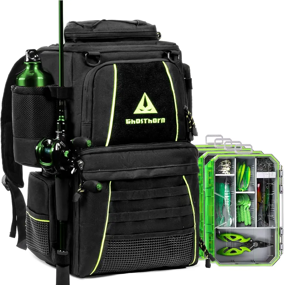 Fishing Tackle Backpack with 4 3600 Tackle Boxes Rod Holder Outdoor 43L Large Bag with Detachable Wasit Bag Storage Fishing Gear and Equipment Waterproof